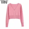Women Fashion Floral Embroidery Cropped Knitted Cardigan Sweater Vintage Long Sleeve Female Outerwear Chic Tops 210507