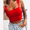 Solidny kolor Summer Short Top Square Szyja na gołym brzuchu koszulki dla kobiet ubranie modne czarne czerwone białe woli i piaszczyste