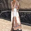 Wzór Vintage Drukowane Boho Długie Drwomen Sexy Deep V Neck Split Maxi Dresummer Krótki Rękaw Kieszonkowy Suknie Plażowe Vestido X0621