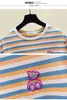 Tシャツの女性の夏のティーズトップダイヤモンドシャツカジュアル半袖Tシャツピンクの縞模様のTシャツトップスティーシャツフェムメヴィンテージ210604
