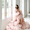 Światło Różowe Bridal Prom Dresses dla kobiet w ciąży Warszały Ruffles Suknie Wieczorowe Długie Rękawy Sheer Suknie Maternity