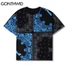 T-shirts Streetwear Hip Hop Casual Color Block Bandana Paisley Motif Imprimer À Manches Courtes Coton Harajuku T-shirts Tops 210602