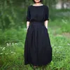 Johnature V-Ausschnitt Frühling Baumwolle Leinen Vintage Kleid Frauen Lose Plus Größe Spitze-up Einfarbig Asymmetrie Kleider 210521