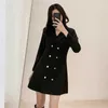 Aelegantmis Elegant Black Long Blazer Jackets Women England Style Vintage Suits Coat Double Breasted Business Slim Female 210607