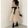 Koreaanse elegante gebreide lange jurk vrouwen kleur-geblokkeerde single-breasted mouw O-hals A-lijn geplooide jurken 210518