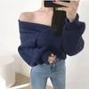 Long Sleeve Sexy Knit Sweater For Women Autumn Winter Pullover Tops Korean Cross V-neck Off Shoulder Ladies Thick Sweaters 210513