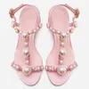 Lato Pink Pearl T-Strap Chunky Obcasy Kobieta Party Buty Jedwabne Peep Toe Sandals Wedding 2021