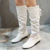 Kadın Diz Yüksek Çizmeler Kırmızı Siyah Beyaz Tall Pileli Düşük Topuk Rahat Deri Autunm Kış Kadın Uzun Ayakkabı Kadın Y0910