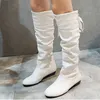 Mulher Joelho Alto Botas Vermelhas Branco Vermelho Branco Alto Plissado Baixo Calinheiro Casual Couro Autunm Inverno Mulheres Longa Sapato Y0910