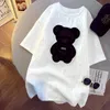 여성용 티셔츠 하라주쿠 소녀 플러스 사이즈 탑스 편지 자카드 O 넥 짧은 소매 느슨한 여름 Tshirt 곰 화이트 티셔츠 M-2XL 티셔츠