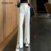 Junelove Vintage Long Flare Calças Mulheres Coreano Streetwear Sexy Cintura Alta Calças Senhora Casual Frente Split Bell Botten Long Pant 211216