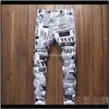 Heren gedrukte broek punk stijl gothic zwart geschilderd DJ Club Night slanke been coole witte jeans voor jonge mannen Iwsod ZGEVB