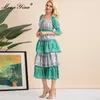 Modedesigner Sommer Partykleid Damen Puffärmel Rüschen Mischfarben Druck Vintage Midi Vestidos 210524