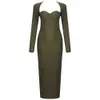 High Quality Women's Army Green Sexy Tight V-neck Long Sleeve Shoulder Rayon Bandage Celebrity Party Dress 210527