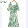 Zevity kobiety tropikalny urlop druku Slash Neck Casual Slim Midi Sukienka Kobieta Krótki Rękaw Vestido Chic Suknie biznesowe DS4409 210603