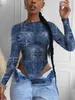 Printed Long-Sleeved Jumpsuit Women Tight Sexy Nightclub Dance T-Shirt Denim Long Sleeve Top Tunic Cool Girl Streetwear 210525