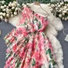 Singreiny Women Boho Floral Maxi Dress韓国のセクシーな斜め襟フリルAラインのドレス夏からショルダー休暇ロングドレス210419