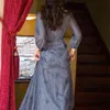 Yosimi刺繍長い女性のドレスエレガントな夏の袖フィットとフレアスクエアカラースモーキーグレーイブニングパーティードレス210604