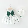 Dziewczyny Sukienki Cute Baby Girl Dress 2piece Set Set Born Ubrania Bow Princess Bez Rękawów Bawełna Niemowląt Urodziny + Sun Hat 0-3t