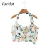 Foridol Dropped Neck Loose Crop Tops Women Floral Print Boho Summer Halter Tank Tops Heart Sequined White Chic Tops Camis 210415