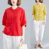 Été boutonné chemise femmes grande taille hauts 100% coton Blouse O cou décontracté dames vêtements couleur unie Blusas 13627 210521