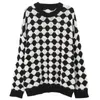 Sweaters Femmes Tirtleneck Pull à carreaux noir et blanc Femmes 2021 Automne Hiver Loeur Style coréen Veste tricotée souple paresseuse