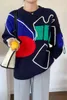 Цветные заблокированные негабаритные вязаные женские пуловер-свитер O-образным вырезом Полный рукав свободные повседневные моды женские топы перемычки FEMME 210513