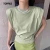 Femme rembourré épaule T-shirts bureau dames hauts couleur unie coton manches chauve-souris 210421