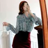 Autumn Printed Vintage Chiffon Women Blouse Lace Up Buttons Bow Collar Long Flare Sleeve Loose Female Shirts Tops 210514