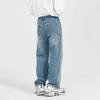 IEFB Herenkleding Kleur Blok Patchwork Blue Jeans Spring Korean Streetwear Design Washed Denim Rechte losse broek 210524