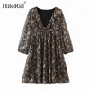 Casual Lady Floral Dresses Long Sleeve Loose Pleated Ruffles Beach Print Mini Chiffon Vestidos 210508