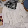 Kobiety Bluzki Japoński Kawaii Luźne Koronki Patchwork Koszule Lato Kwadrat Kołnierz Blusas Bandaż Szczupła Talii Białe Crop Topy 210519