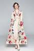 Dropshipping Hurtownie New Arrival Wiosna Summer Fall Floral Print V-Neck Longsleeve One-Breasted Kobiety Panie Moda Temperament A-Line Maxi Dress