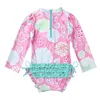 Summer Baby Girls Brazilian Swimsuit Bathing Suits One-piece Long Sleeves Floral Printed With Ruffled Swimwear Rash Guards One-Pieces