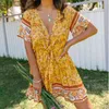 Sommarbåge Klänning för kvinnor Boho Style Positionering Skriv ut Kortärmad Lace-up Sexig Mini Dress Vestidos Vintage Beach Dress 210514