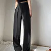 Sólido preto calça casual mulheres largo perna calças escritório senhora ajustável cintura esfregando drapeado baggy elegante concurso