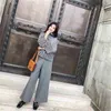 Spring Houndstooth gebreide 2 -delige sets outfits Women Turtleneck Tops + Wide Leg broek Pakken mode Elegant Office 210518