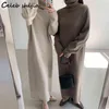 Khaki Woolen Свободное платье Женщина Осенняя Высокая шея Элегантное Трикотажное Одиночное Платье Женский Винтаж Длинный Свитер Зимняя Одежда G1214