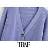 TRAF Women Fashion Single Breasted Loose Stickad Cardigan Sweater Vintage V Neck Långärmad Kvinnlig Ytterkläder Chic Toppar 210415