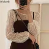 Womens Lace Shirt See Through Tops High Waist Velvet Suspender Elegant Dress Korean Suit Two-piece Set Women 210519