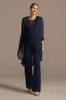 Navy Three Pieces Beaded Mothers Pant Suits With Long Sleeves Jacket Sequined Pantsuits Bateau Neck Chiffon Groom Mother Outfit