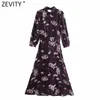 Kobiety Vintage Stojak Kołnierz Kwiat Print Bow Sashes Midi Dress Sukienka Kobieta Puff Sleeve Casual Slim Line Vestido DS4827 210420