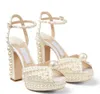 Designer Perfeito Mulheres Sacora Sandálias Sapatos Elegant Branco Pérolas Strap Lady High Saltos Party Noiva Noiva Bombas Gladiador Sandalias EU35-43