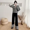 Sonbahar Kadın Örgü Houndstooth Hırka Kazak Ceket + Yüksek Bel Geniş Bacak Pantolon Setleri Zarif Tek Göğüslü Ceket Pantolon 210514 Set