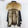 Manteau de fourrure véritable veste d'hiver femme longue parka imperméable grand col de raton laveur naturel capuche épaisse doublure chaude 210928