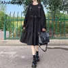 Japonês Harajuku Mulheres Preto Midi Vestido Gótico Punk Style Suspensórios Vestido De Atadura Vintage Ruffles Long Baggy Cosplay Costume G1214