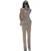 Elegante Büro Damen Hose Anzüge Button Gürtel Blazer Anzug Hosen Sommer Sleeveless Stilvolle Frauen Berufssatz 210603