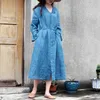 Johnature Femmes Robes de bandage de broderie col en V à manches longues couleur unie robes de lin automne robes vintage originales 210521