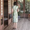 Lady Bamboo Print Elegant Cheongsam Summer Sexy Slim Medium Length Qipao Vintage Button Classic Chinese Dress Big Size M-4XL Ethnic Clothing