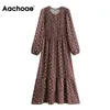 Vintage tryckta kvinnor o neck lykta långärmad avslappnad klänning damer en linje maxi klänningar robe femme 210413